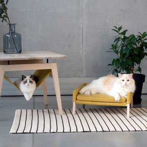 Mand Lulu in kleur honing met kat, gepresenteerd samen met tafeltje Kikko, beiden van het merk Labvenn